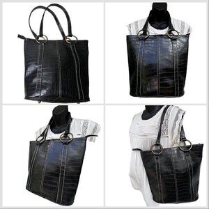 VTG Y2K Black Crocodile Effect Shoulder Bag Tote Faux Leather Double Straps